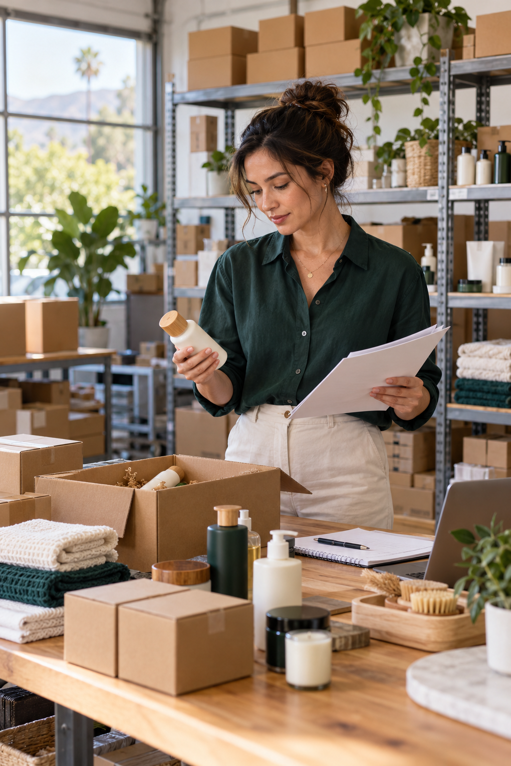 Retail professional reviewing a product and order documentation